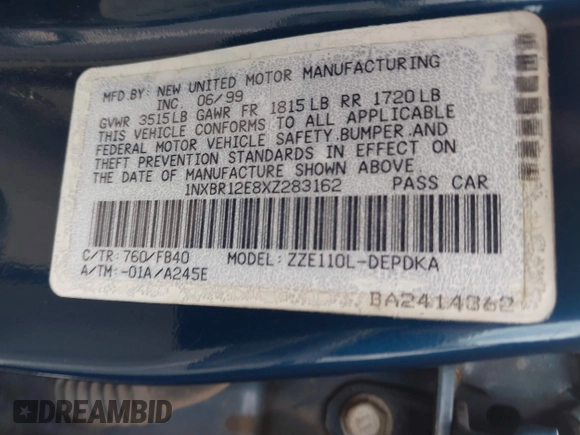 1999 Toyota Corolla VE with VIN 1NXBR12E8XZ283162, listed as a IAAI auction lot 42678105 with 186,760 mi miles and . Bid and sale history available at DreamBid. Image 9.