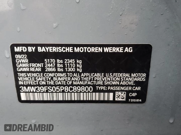 2023 BMW 3 Series 330e xDrive with VIN 3MW39FS05P8C89800, listed as a Copart auction lot 44342255 with 19,562 mi miles and Salvage Title. Bid and sale history available at carsss.com. Image 12.