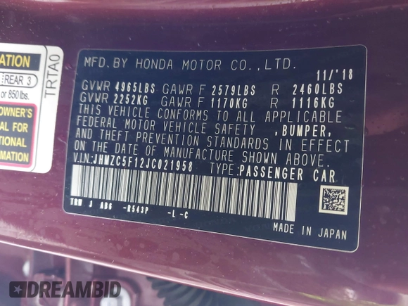 2018 Honda Clarity z VIN JHMZC5F12JC021958, wystawiony jako IAAI lot #42191071 z przebiegiem 29 423 mil mil oraz . Historia ofert i sprzedaży dostępna na DreamBid. Obrazek 9.