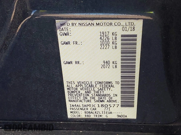 2018 Nissan Altima SR with VIN 1N4AL3AP0JC180577, listed as a IAAI auction lot 41378496 with 89,751 mi miles and . Bid and sale history available at carsss.com. Image 9.