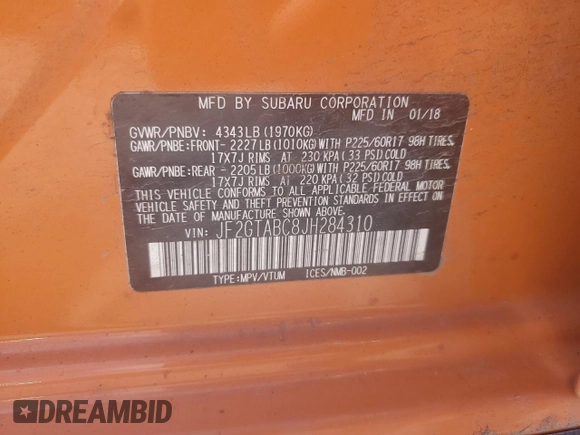 2018 Subaru Crosstrek Premium z VIN JF2GTABC8JH284310, wystawiony jako Copart lot #55989425 z przebiegiem Nie podano mil oraz Szkoda całkowita • Salvage title. Historia ofert i sprzedaży dostępna na DreamBid. Obrazek 14.