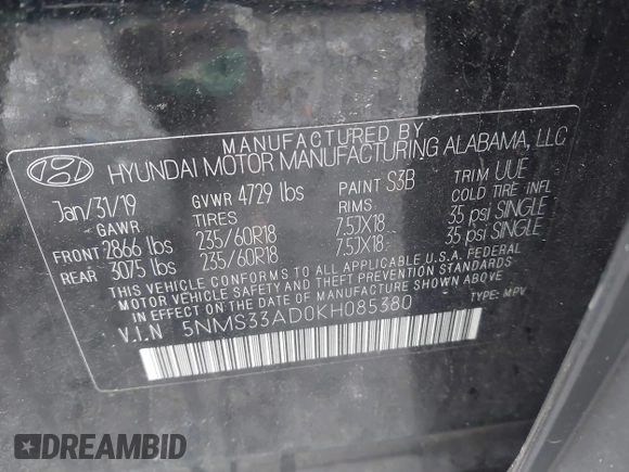 2019 Hyundai Santa Fe SEL with VIN 5NMS33AD0KH085380, listed as a IAAI auction lot 41970730 with 174,126 mi miles and . Bid and sale history available at DreamBid. Image 9.