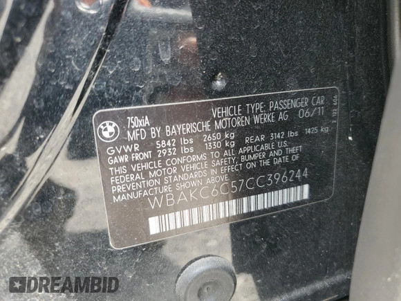 2012 BMW 7 Series 750i xDrive с VIN WBAKC6C57CC396244, выставлен на аукционе Copart как лот 52744475 с пробегом 153 984 миль миль и Чистый • Clean title. История ставок и продаж доступна на DreamBid. Изображение 12.
