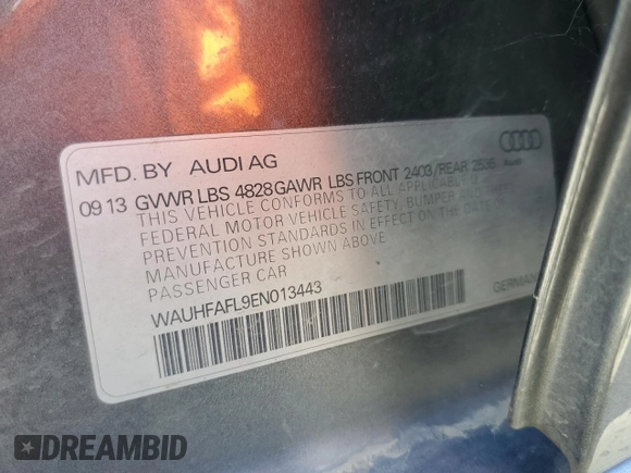 2014 Audi A4 Premium Plus with VIN WAUHFAFL9EN013443, listed as a Copart auction lot 58468394 with 149,965 mi miles and Salvage title. Bid and sale history available at DreamBid. Image 12.