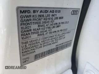 2023 Audi Q8 Premium with VIN WA1AVBF1XPD024739, listed as a Copart auction lot 88641505 with 21,585 mi miles and Salvage title. Bid and sale history available at DreamBid. Image 14.