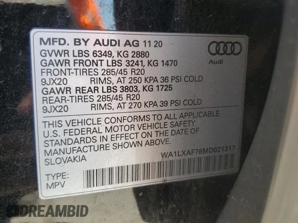 2021 Audi Q7 Premium Plus with VIN WA1LXAF76MD021317, listed as a Copart auction lot 58229305 with 72,484 mi miles and Salvage title. Bid and sale history available at DreamBid. Image 13.