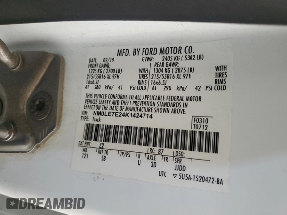 2019 Ford Transit Connect XL с VIN NM0LE7E24K1424714, выставлен на аукционе Copart как лот 48864765 с пробегом Не указан миль и Списание • Salvage title. История ставок и продаж доступна на DreamBid. Изображение 13.