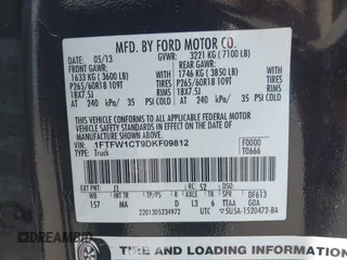 2013 Ford F-150 XL with VIN 1FTFW1CT9DKF09812, listed as a IAAI auction lot 42831062 with 86,846 mi miles and . Bid and sale history available at DreamBid. Image 9.