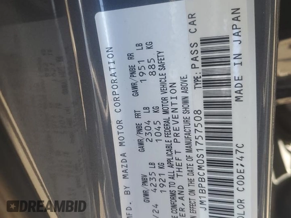 2025 Mazda 3 S Carbon Edition with VIN JM1BPBCM0S1757508, listed as a Copart auction lot 44410305 with 358 mi miles and Salvage Title. Bid and sale history available at DreamBid. Image 12.
