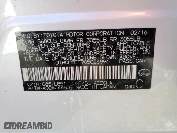 2016 Lexus LS 460 with VIN JTHCL5EF9G5026896, listed as a Copart auction lot 86105034 with 33,073 mi miles and Salvage title. Bid and sale history available at DreamBid. Image 14.