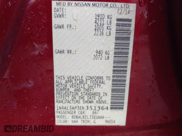 2014 Nissan Altima S with VIN 1N4AL3AP3EN351364, listed as a IAAI auction lot 40311520 with 236,550 mi miles and . Bid and sale history available at carsss.com. Image 9.