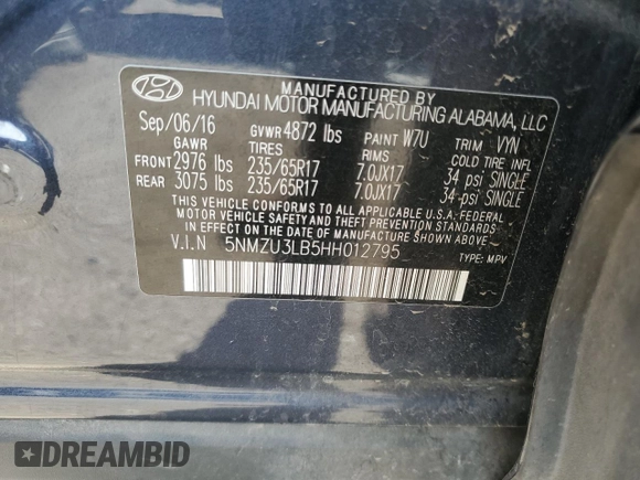 2017 Hyundai Santa Fe 2.4L with VIN 5NMZU3LB5HH012795, listed as a Copart auction lot 58503135 with 85,531 mi miles and Salvage title. Bid and sale history available at DreamBid. Image 13.