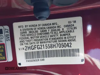 2008 Honda Civic Cpe Si with VIN 2HGFG21558H705042, listed as a IAAI auction lot 41878776 with 1 mi miles. Bid and sale history available at carsss.com. Image 9.