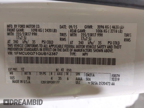 2016 Ford Escape SE with VIN 1FMCU0G71GUB12387, listed as a IAAI auction lot 41920617 with 93,919 mi miles. Bid and sale history available at carsss.com. Image 9.