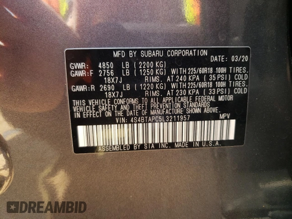 2020 Subaru Outback Touring z VIN 4S4BTAPC5L3211957, wystawiony jako Copart lot #63934715 z przebiegiem 98 925 mil mil oraz Szkoda całkowita • Salvage title. Historia ofert i sprzedaży dostępna na DreamBid. Obrazek 14.