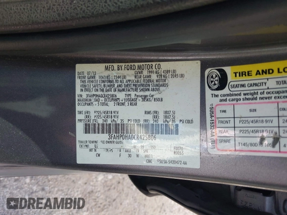 2012 Ford Fusion SE with VIN 3FAHP0HA0CR425806, listed as a IAAI auction lot 42695893 with 147,343 mi miles and . Bid and sale history available at DreamBid. Image 9.