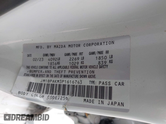 2023 Mazda 3 S Select with VIN JM1BPAKM3P1616743, listed as a IAAI auction lot 42248005 with Not provided miles and . Bid and sale history available at DreamBid. Image 9.