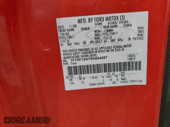 2009 Ford F-150 XL z VIN 1FTRF12W79KB04287, wystawiony jako Copart lot #58559045 z przebiegiem 54 329 mil mil oraz Szkoda całkowita • Salvage title. Historia ofert i sprzedaży dostępna na DreamBid. Obrazek 12.