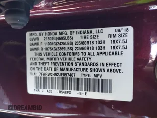 2018 Honda CR-V Touring with VIN 7FARW2H92JE097407, listed as a IAAI auction lot 41850708 with 117,201 mi miles. Bid and sale history available at carsss.com. Image 9.