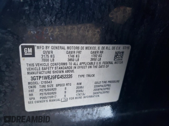 2015 GMC Sierra 1500 with VIN 3GTP1WEJ9FG452226, listed as a Copart auction lot 41592245 with 208,920 mi miles and Clean Title. Bid and sale history available at DreamBid. Image 12.
