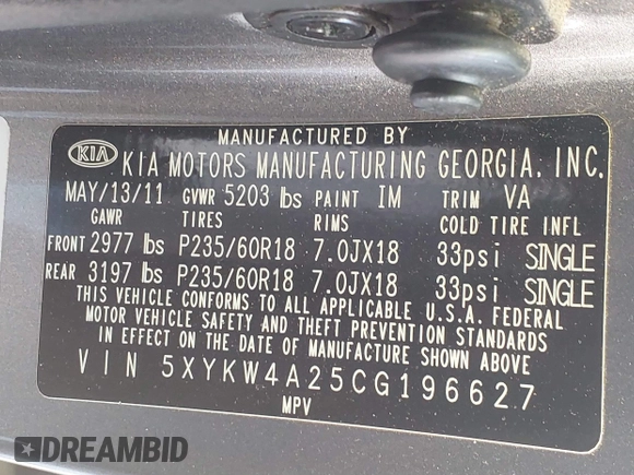 2012 Kia Sorento SX with VIN 5XYKW4A25CG196627, listed as a IAAI auction lot 41717846 with 219,194 mi miles. Bid and sale history available at carsss.com. Image 9.