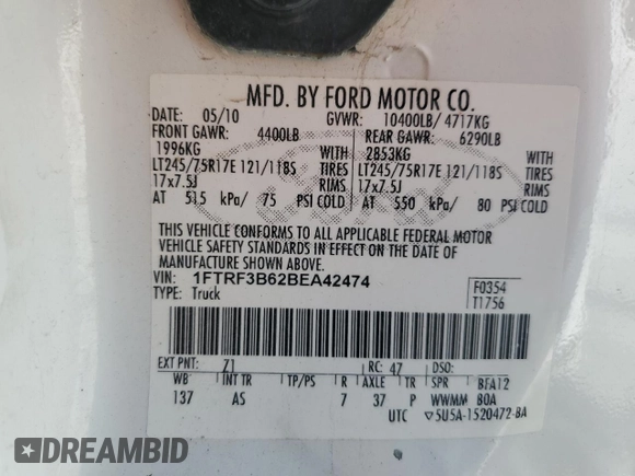 2011 Ford F-350 XL with VIN 1FTRF3B62BEA42474, listed as a Copart auction lot 53063855 with 210,877 mi miles and Salvage title. Bid and sale history available at DreamBid. Image 13.