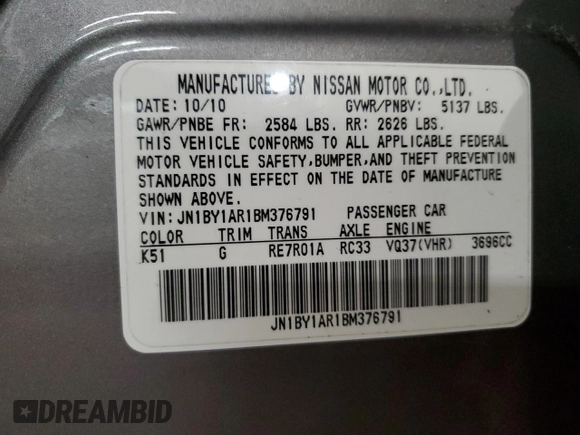 2011 Infiniti M with VIN JN1BY1AR1BM376791, listed as a Copart auction lot 43964725 with 190,460 mi miles and Salvage Title. Bid and sale history available at DreamBid. Image 12.