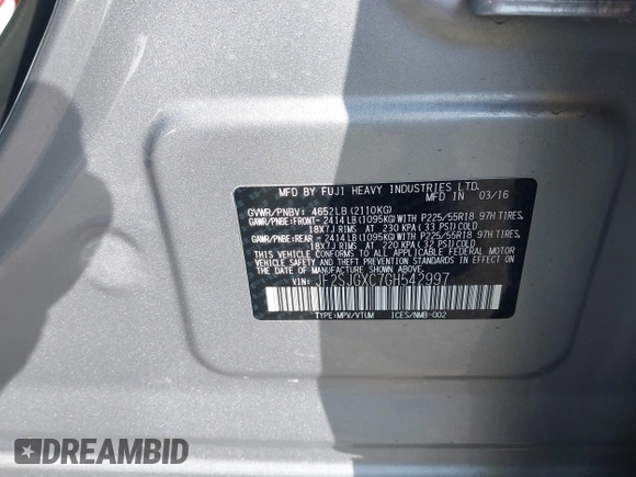 2016 Subaru Forester 2.0XT Touring with VIN JF2SJGXC7GH542997, listed as a IAAI auction lot 41528902 with 116,862 mi miles. Bid and sale history available at carsss.com. Image 9.