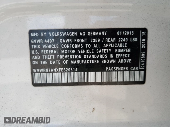 2015 Volkswagen CC Lux with VIN WVWRN7ANXFE820514, listed as a Copart auction lot 65550073 with 39,840 mi miles. Bid and sale history available at carsss.com. Image 14.