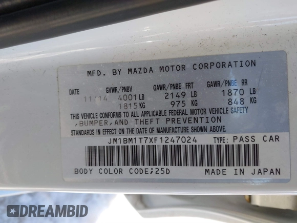 2015 Mazda 3 i SV with VIN JM1BM1T7XF1247024, listed as a IAAI auction lot 41688364 with 118,083 mi miles. Bid and sale history available at carsss.com. Image 9.