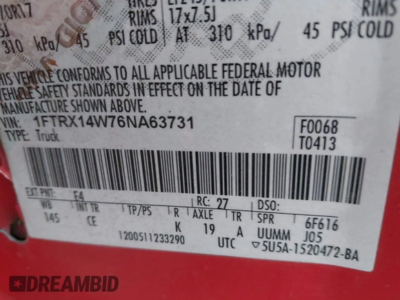 2006 Ford F-150 STX with VIN 1FTRX14W76NA63731, listed as a IAAI auction lot 41351456 with 390,659 mi miles. Bid and sale history available at carsss.com. Image 9.