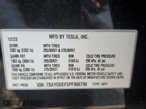 2023 Tesla Model Y Performance with VIN 7SAYGDEF5PF966796, listed as a Copart auction lot 88097325 with 6,927 mi miles and Salvage Title. Bid and sale history available at DreamBid. Image 12.