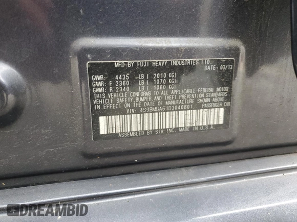 2013 Subaru Legacy 2.5i with VIN 4S3BMBA61D3040801, listed as a Copart auction lot 60308665 with 152,787 mi miles and Salvage title. Bid and sale history available at DreamBid. Image 12.