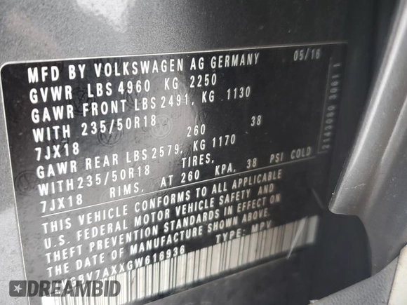 2016 Volkswagen Tiguan S with VIN WVGBV7AXXGW616936, listed as a Copart auction lot 41452605 with 92,541 mi miles and Salvage Title. Bid and sale history available at DreamBid. Image 13.