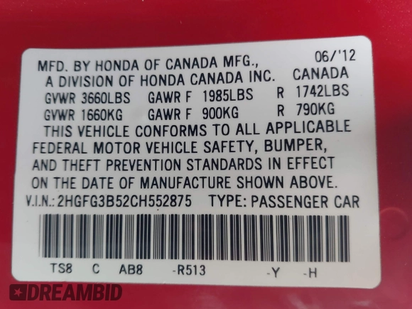 2012 Honda Civic Cpe LX with VIN 2HGFG3B52CH552875, listed as a IAAI auction lot 41752141 with 132,342 mi miles. Bid and sale history available at carsss.com. Image 9.