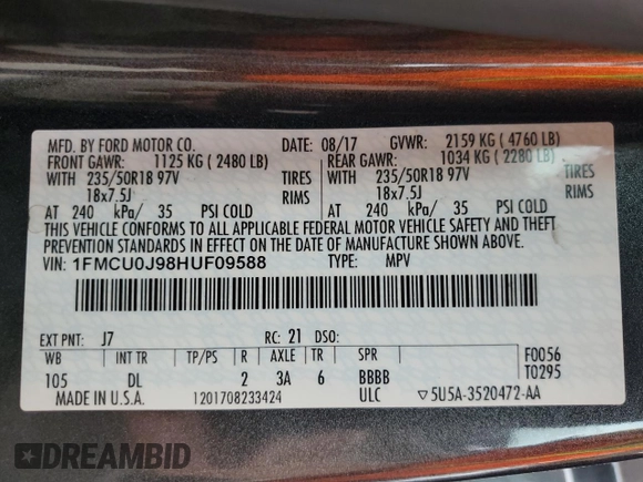2017 Ford Escape Titanium with VIN 1FMCU0J98HUF09588, listed as a Copart auction lot 48988765 with 101,887 mi miles and Salvage Title. Bid and sale history available at DreamBid. Image 12.