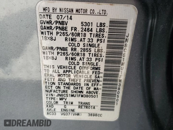 2015 Infiniti QX70 with VIN JN8CS1MU1FM380501, listed as a Copart auction lot 58406725 with 90,028 mi miles and Salvage title. Bid and sale history available at DreamBid. Image 13.