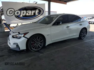 2019 Infiniti Q50 Red Sport 400 with VIN JN1FV7AP2KM760638, listed as a Copart auction lot 60568935 with 81,670 mi miles and Salvage title. Bid and sale history available at DreamBid. Image 1.