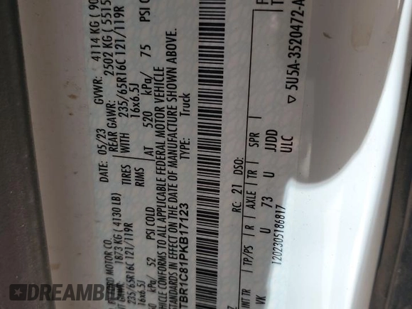 2023 Ford Transit Cargo с VIN 1FTBR1C81PKB17123, выставлен на аукционе Copart как лот 55902215 с пробегом 34 333 миль миль и Чистый • Clean title. История ставок и продаж доступна на DreamBid. Изображение 12.