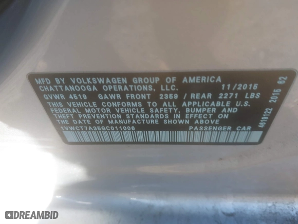 2016 Volkswagen Passat 1.8T SEL with VIN 1VWCT7A35GC011006, listed as a IAAI auction lot 41039744 with 123,422 mi miles. Bid and sale history available at carsss.com. Image 9.