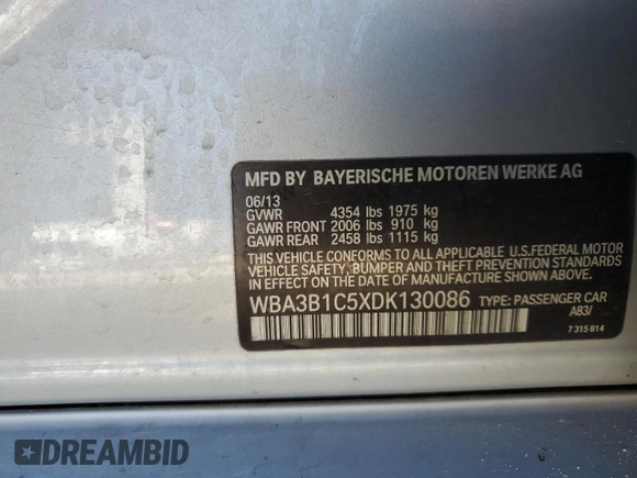 2013 BMW 3 Series 320i with VIN WBA3B1C5XDK130086, listed as a Copart auction lot 76702914 with 140,755 mi miles and Salvage Title. Bid and sale history available at carsss.com. Image 12.