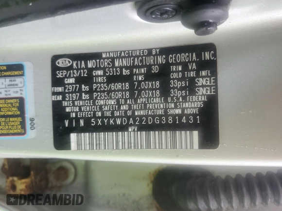 2013 Kia Sorento SX with VIN 5XYKWDA22DG381431, listed as a Copart auction lot 59806145 with Not provided miles and Clean title. Bid and sale history available at DreamBid. Image 12.