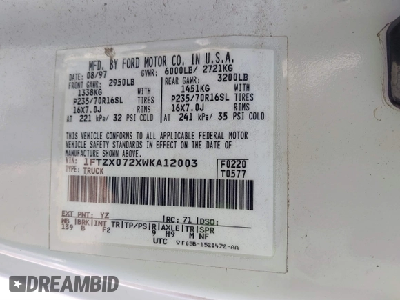 1998 Ford F-150 XL with VIN 1FTZX072XWKA12003, listed as a IAAI auction lot 41765328 with 119,445 mi miles and . Bid and sale history available at DreamBid. Image 9.