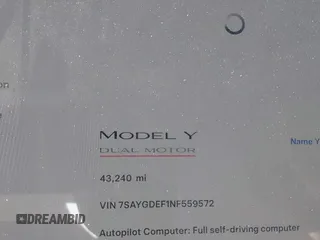 2022 Tesla Model Y Performance with VIN 7SAYGDEF1NF559572, listed as a IAAI auction lot 41516070 with 43,240 mi miles and . Bid and sale history available at DreamBid. Image 14.