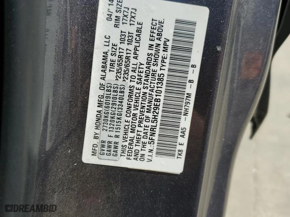 2014 Honda Odyssey LX with VIN 5FNRL5H29EB101385, listed as a Copart auction lot 53571095 with 137,067 mi miles and Salvage Title. Bid and sale history available at carsss.com. Image 14.