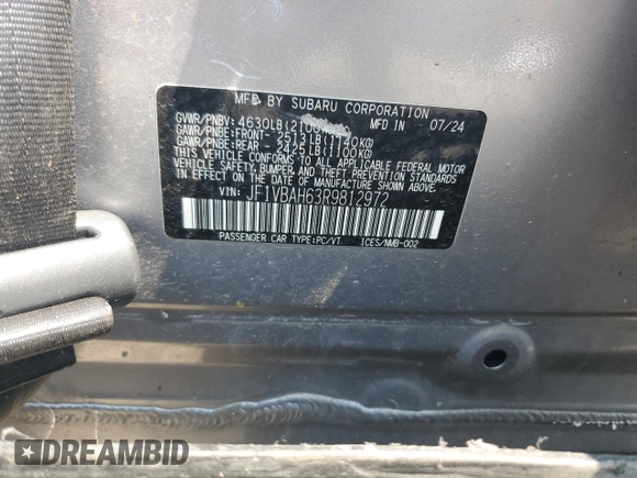 2024 Subaru WRX Premium with VIN JF1VBAH63R9812972, listed as a Copart auction lot 59291835 with 12,621 mi miles and Salvage title. Bid and sale history available at DreamBid. Image 12.
