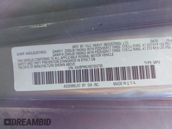 2009 Subaru Outback Limited with VIN 4S4BP66C697333795, listed as a IAAI auction lot 42640542 with 164,714 mi miles and . Bid and sale history available at DreamBid. Image 9.