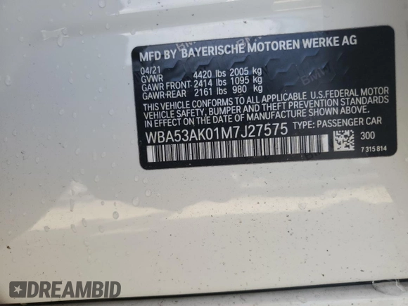 2021 BMW 2 Series 228i with VIN WBA53AK01M7J27575, listed as a Copart auction lot 56217515 with 52,201 mi miles and Non repairable. Bid and sale history available at DreamBid. Image 12.