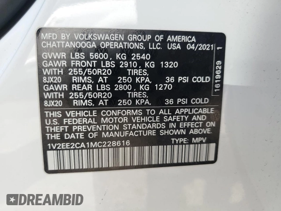 2021 Volkswagen Atlas SEL with VIN 1V2EE2CA1MC228616, listed as a Copart auction lot 54734225 with 46,369 mi miles and Salvage title. Bid and sale history available at DreamBid. Image 13.