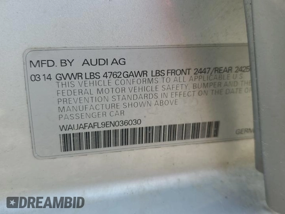 2014 Audi A4 Premium with VIN WAUAFAFL9EN036030, listed as a Copart auction lot 50515125 with 0 mi miles and Salvage Title. Bid and sale history available at carsss.com. Image 14.